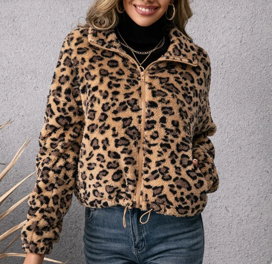 Damen Leopard Print Revers Zip Pelz Jacke