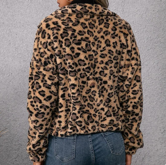 Damen Leopard Print Revers Zip Pelz Jacke