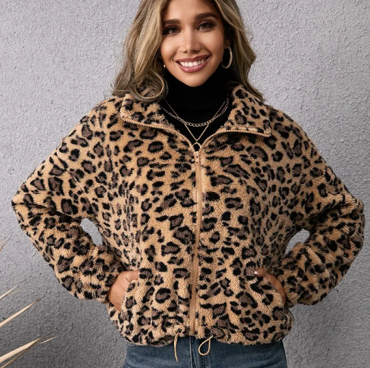 Damen Leopard Print Revers Zip Pelz Jacke