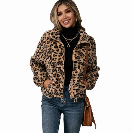 Damen Leopard Print Revers Zip Pelz Jacke