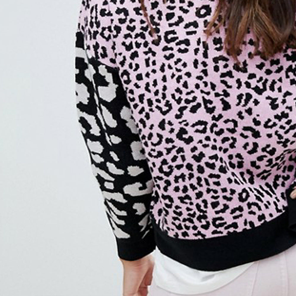 New Popular Fashion Leopard Print Spliced Knit Sweater - Contrasting Cuff Design, Soft And Warm Winter Women's Clothing