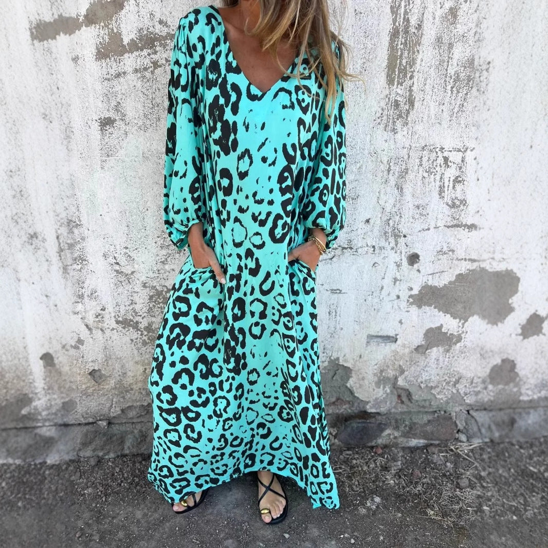 Leopard Print V-neck Printed Long Sleeve Loose Dress Women