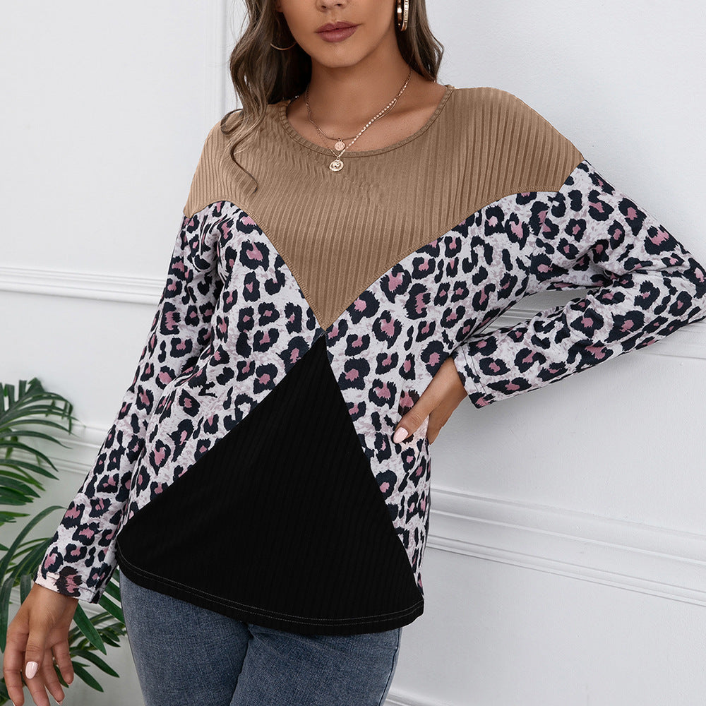 Leopard Print Stitching Casual Loose Long Sleeve Knitted Sweater Top Women