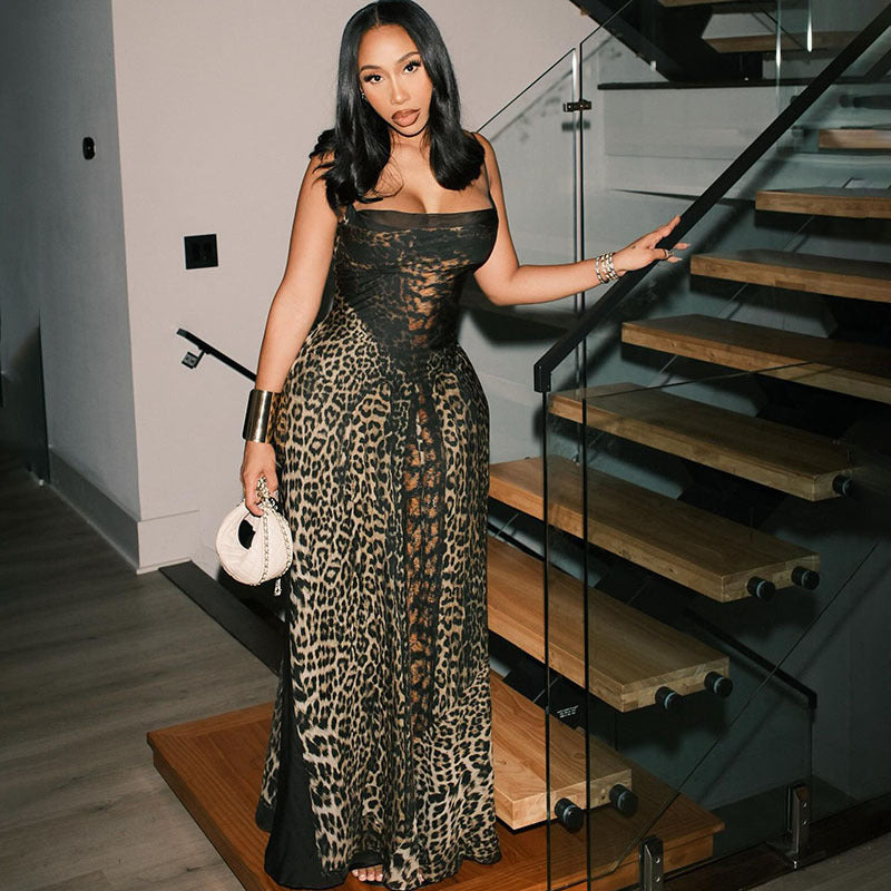 Women's Leopard Print High Waist Slim Strap Dress