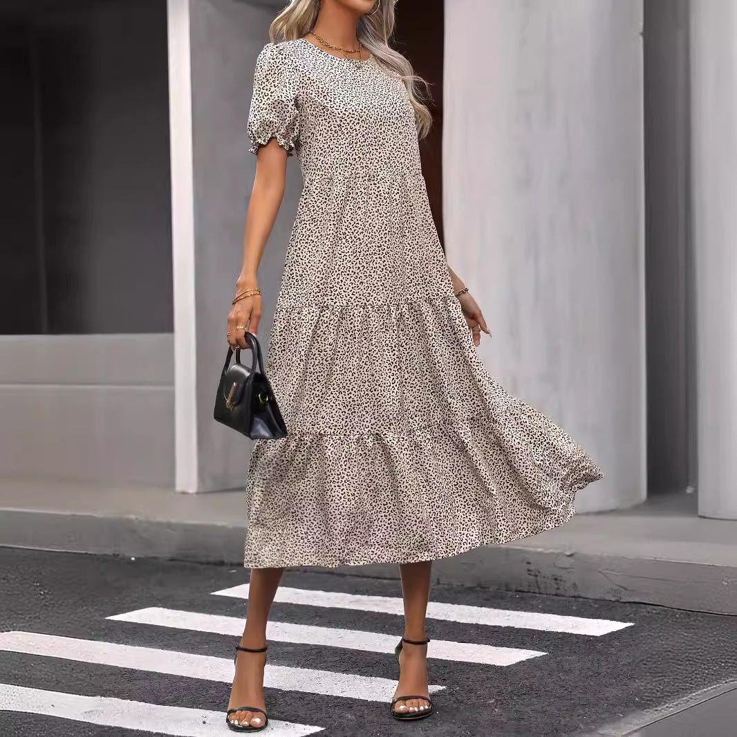 Casual Bohemian Dress Leopard Print Floral Print Pleated Puff Sleeve Jumpsuit