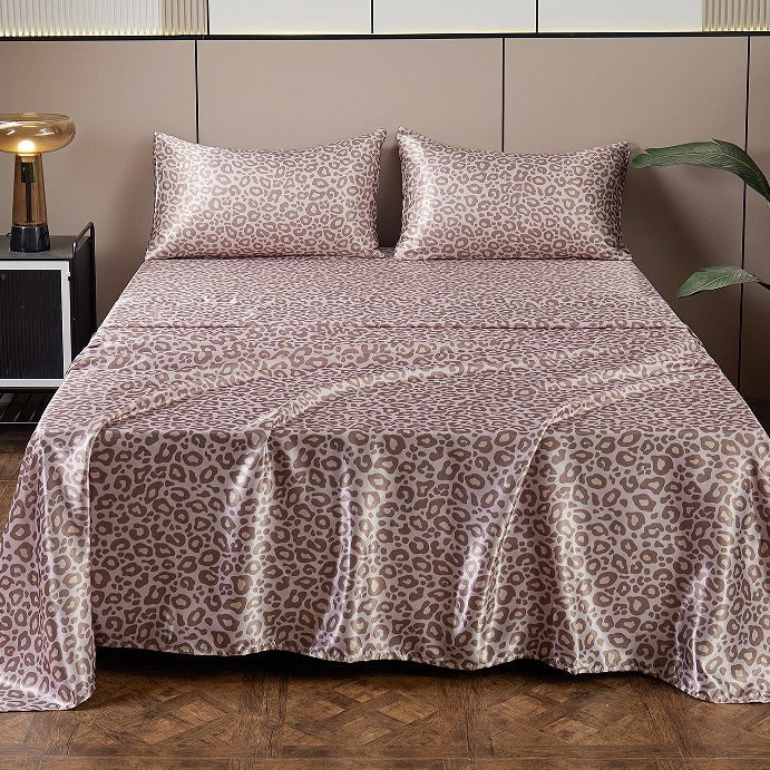 Satin Artificial Silk Printing Bed Sheet Fitted Sheet Pillowcase Digital Printing Silver Leopard Four-piece Set