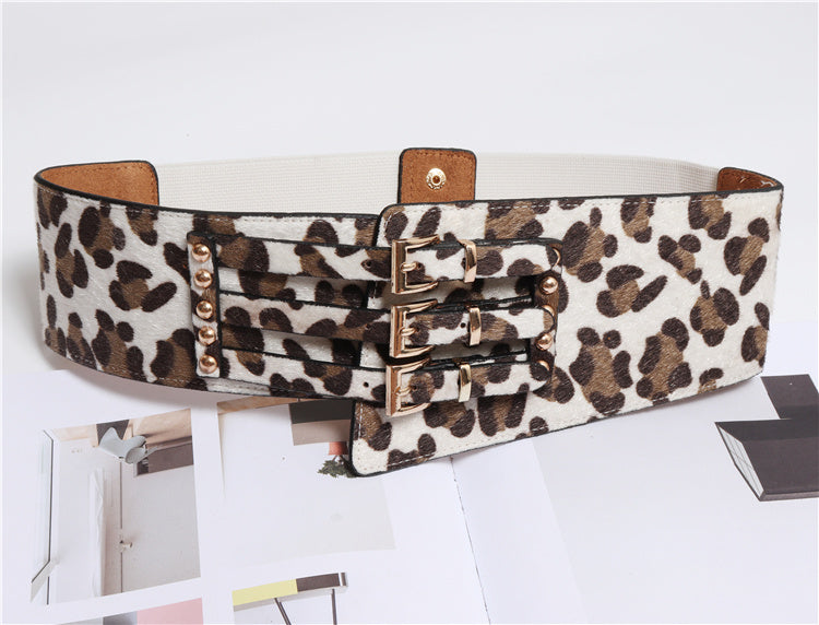 Fashion All-match Dreireiher Unregelmäßiger Leopard Print Belt Pferdehaar Gürtel mit Kleid Mieder