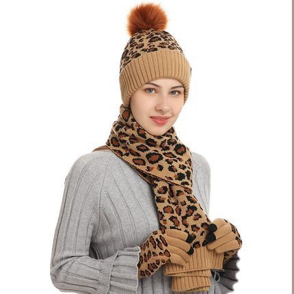 Winter Leopardenmuster Warm gestrickt Wolle Mütze Schal Handschuhe Drei Stück Set
