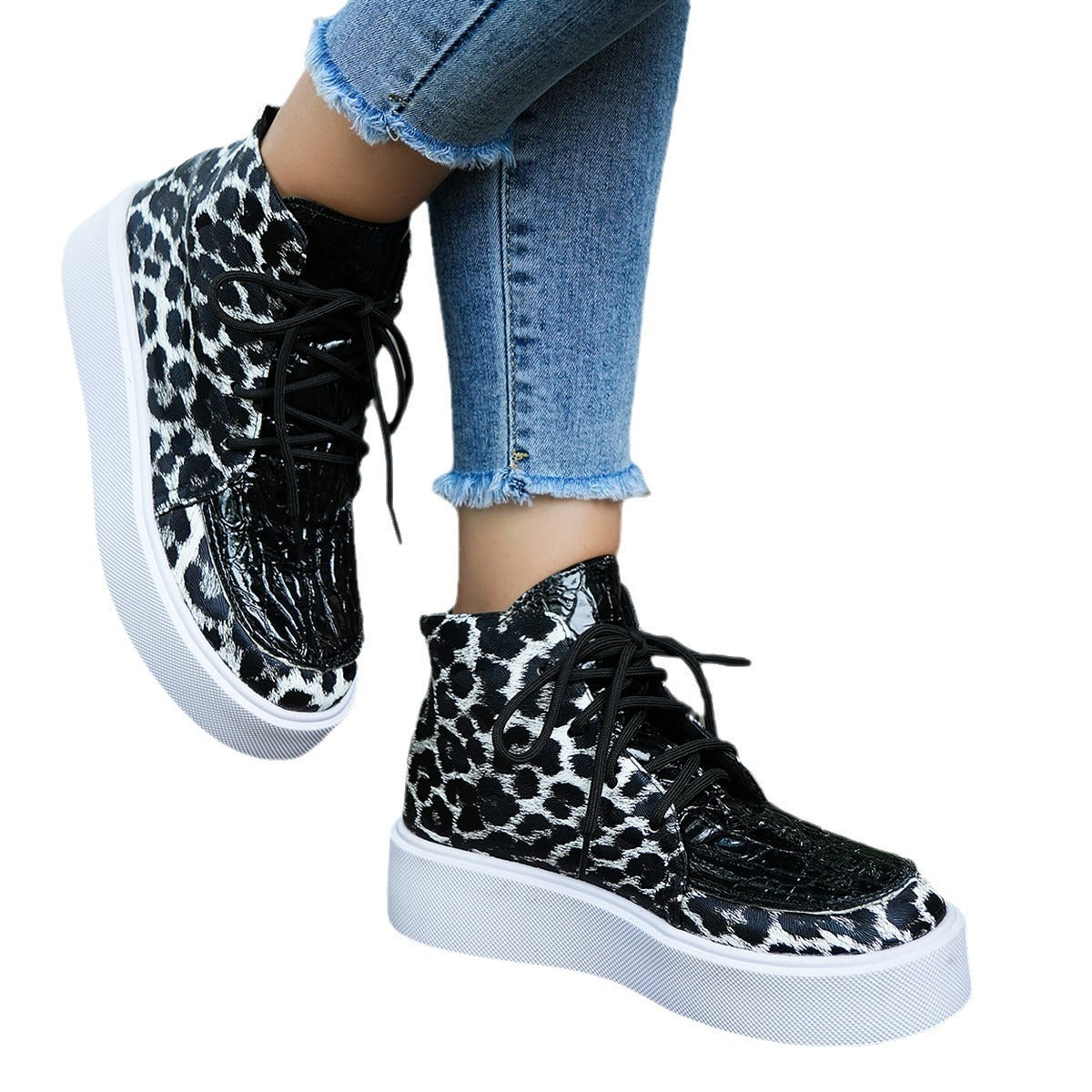 Herbst neue High-Top-Leoparden-Druck flach-Absatz-Plattform-Spitze Farbe Block Casual Frauen Schuhe