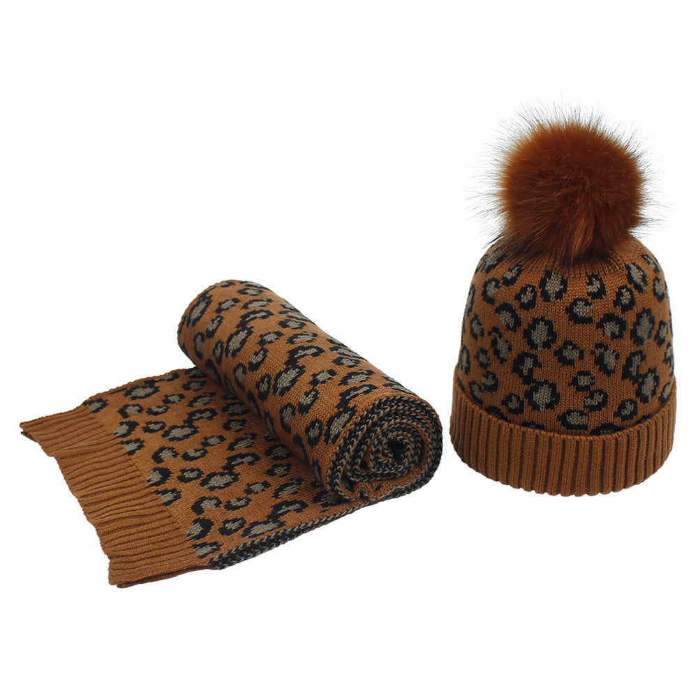 Frauen Herbst und Winter Leopard Print Haar Ball Hut Schal Set