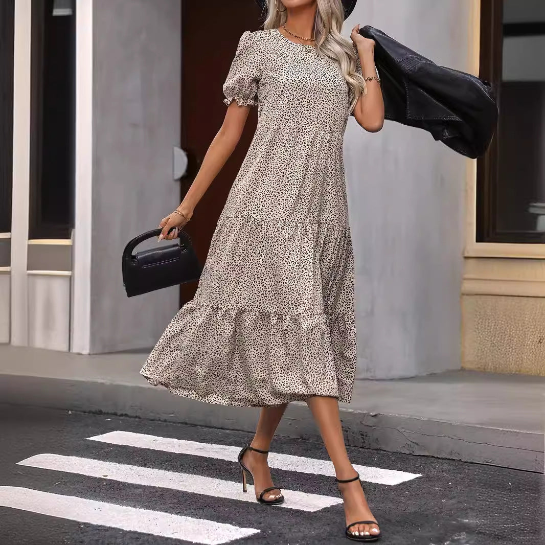 Casual Bohemian Dress Leopard Print Floral Print Pleated Puff Sleeve Jumpsuit