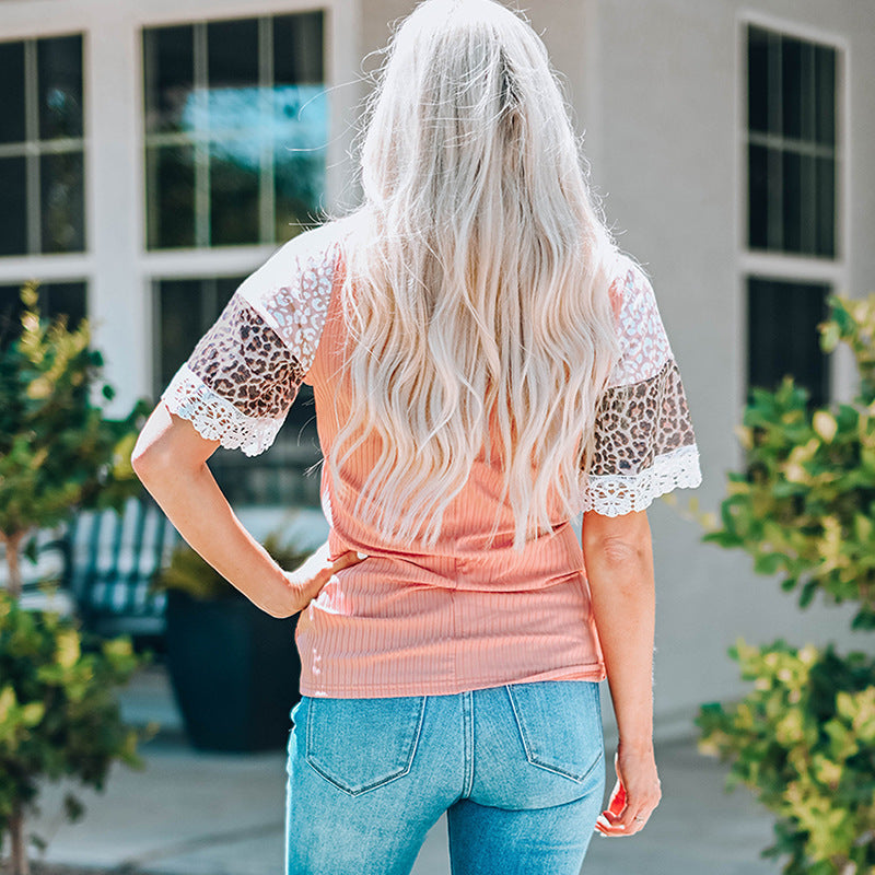 Rundhalsausschnitt Halbe Ärmel Lose Top Sommer Neue Mode T-Shirt mit Leopard style elements und Spitze