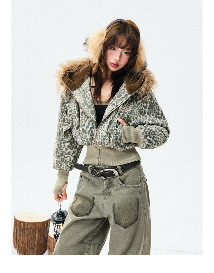 Thickened Slim-fit Short American-style Leopard Print Cotton Jacket