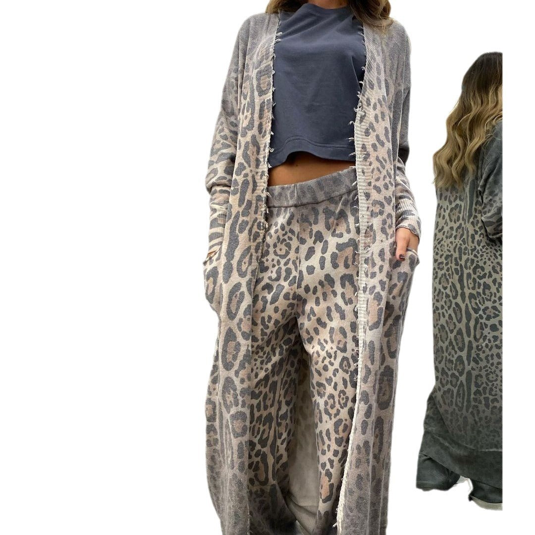 Leopard Print Langarm Strickjacke Jacke Hose Anzug Frauen