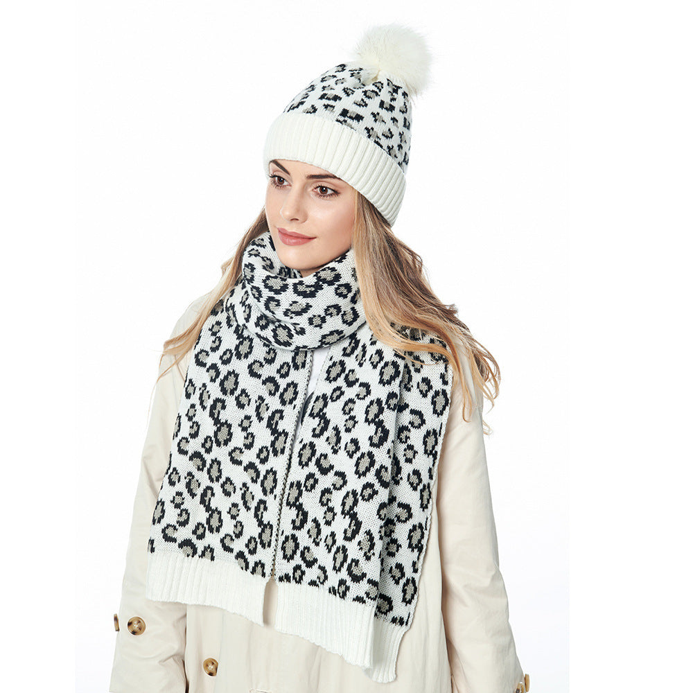 Frauen Herbst und Winter Leopard Print Haar Ball Hut Schal Set