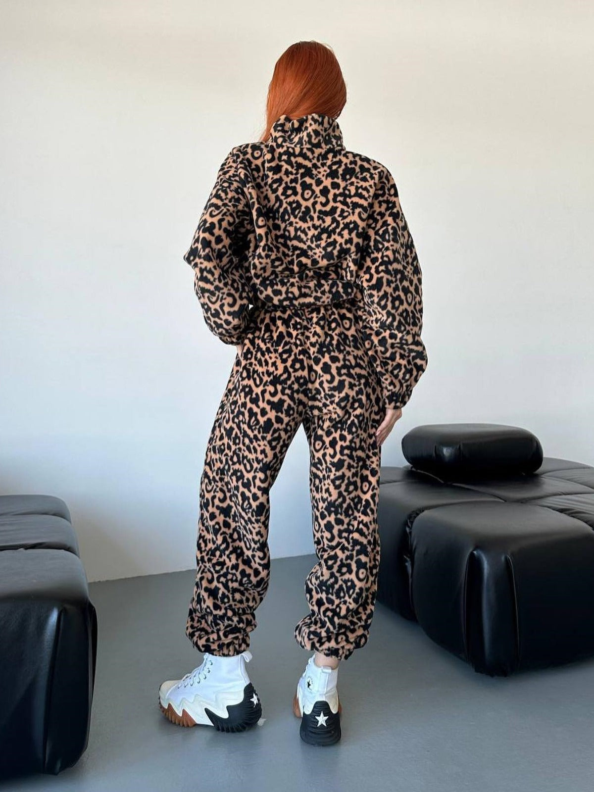 Damenmode Lose Leopard Print Zipper Pullover Anzug