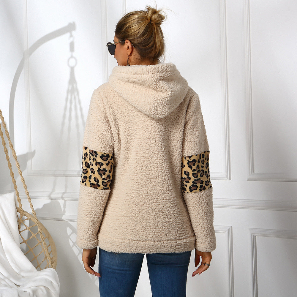 Women's Double-sided Fleece Hooded Leopard Print Stitching Sweater