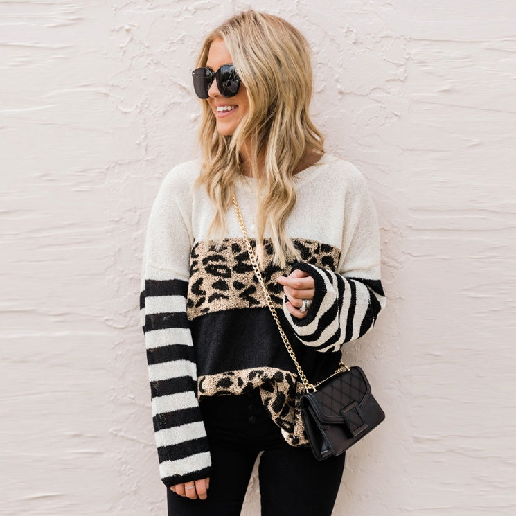 Round Neck Pullover Leopard Print Long Sleeve Sweater
