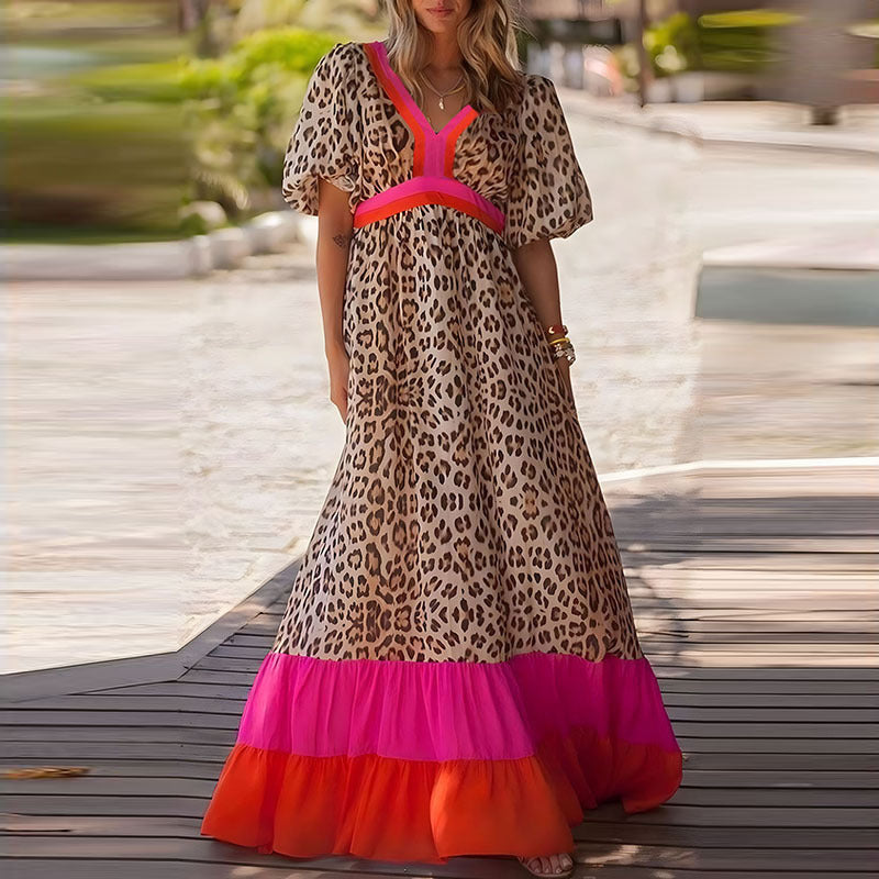 Mode Leopard Print Farblich abgestimmtes Kleid Frauen