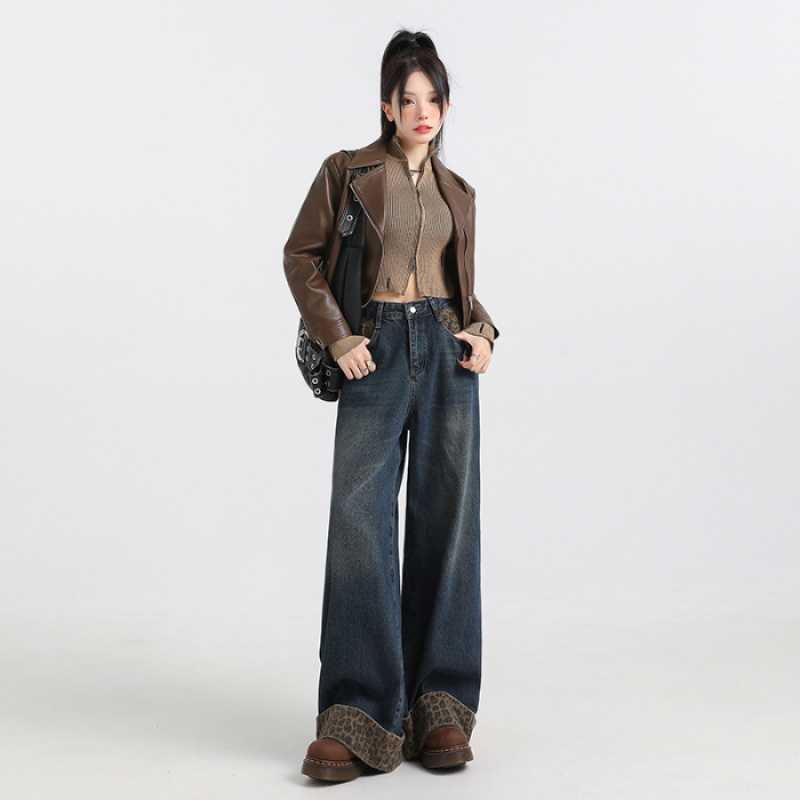 Leopard-print Curling Niche Design Stitching Jeans