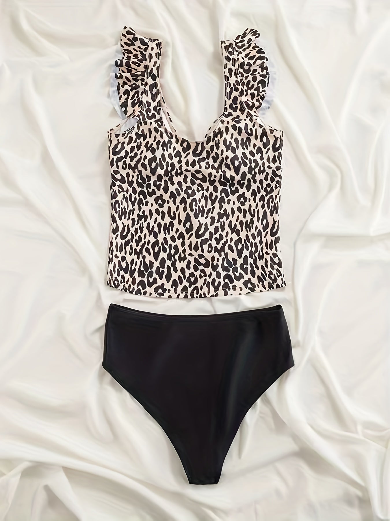 Women's Fashionable Tankini Set, Sexy V-neck Leopard Print Swimsuit, Vacation Style