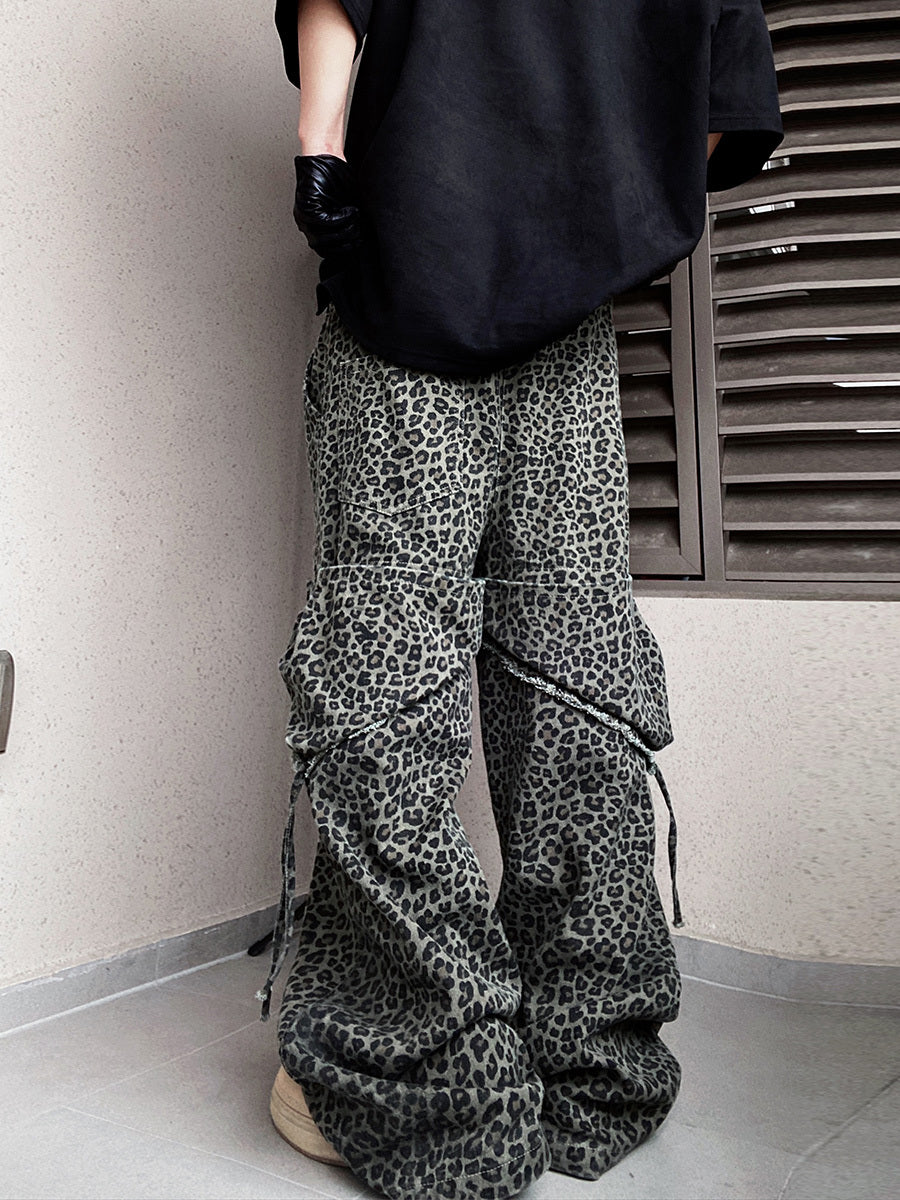 Locker Gerade Leicht Ausgestellt Arbeitskleidung Lässig Weites Bein Wischen Leopard Jeans
