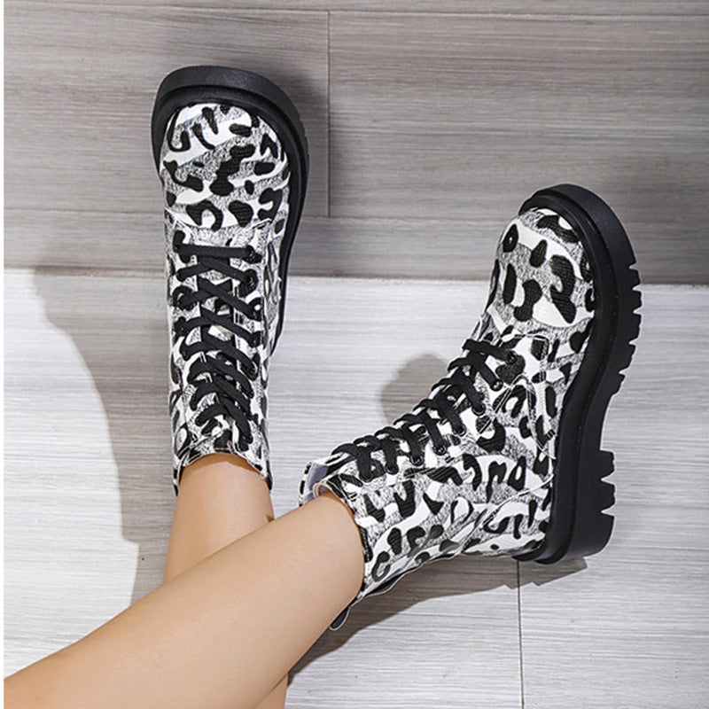 Frauen Martin Stiefel Schwarz Weiß Leopard Print Niedrig Heel Schuhe Cowgirl Stiefel