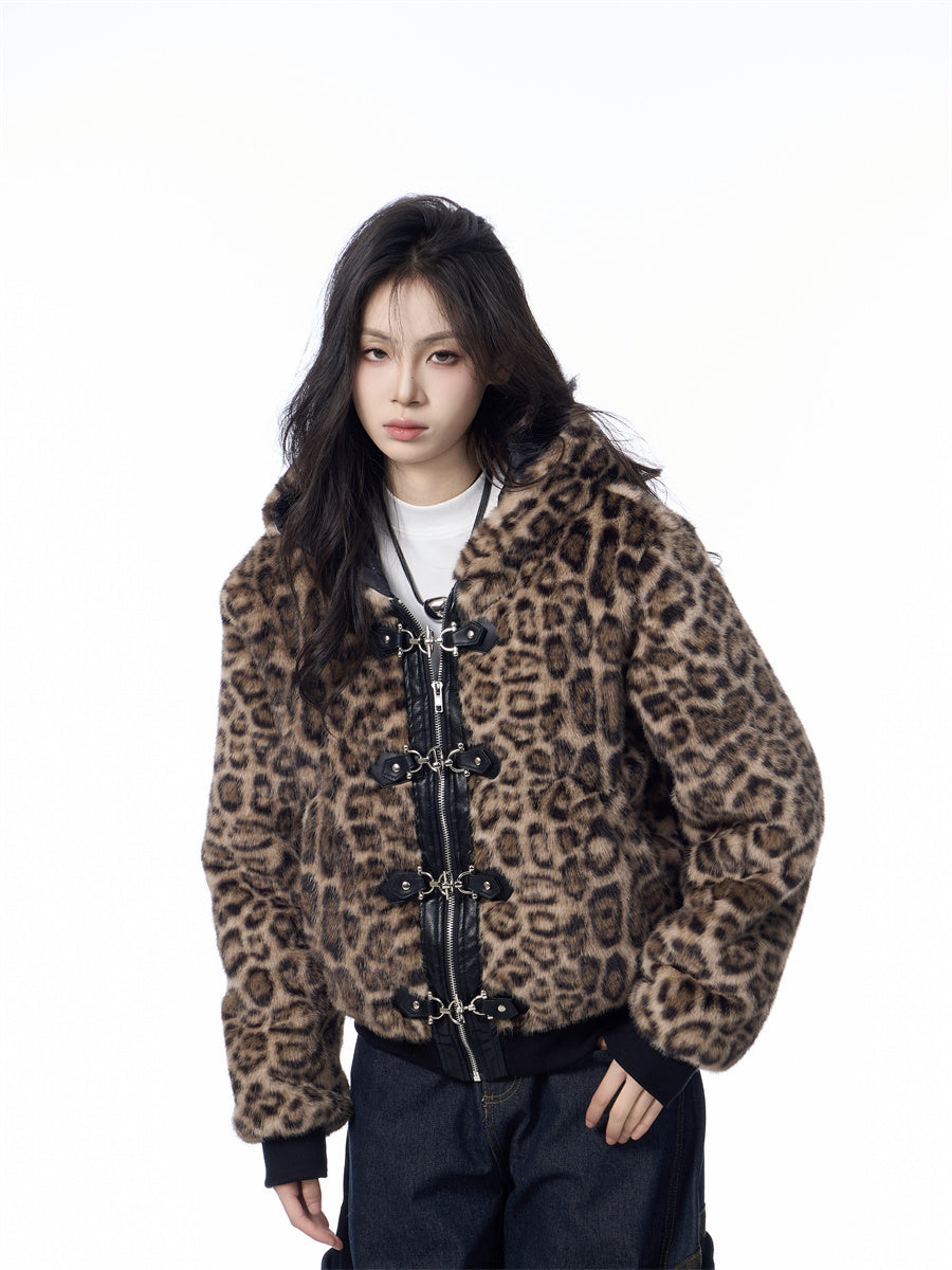 Hooded Jacket Women's Loose Thick Leopard Print Full Print Design Street Coat