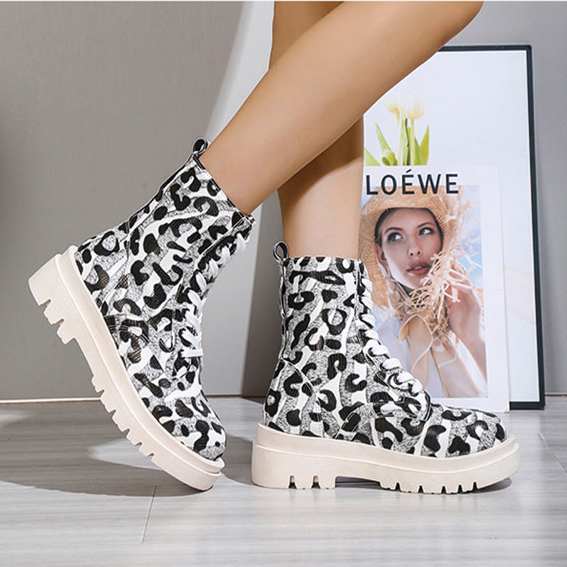 Frauen Martin Stiefel Schwarz Weiß Leopard Print Niedrig Heel Schuhe Cowgirl Stiefel