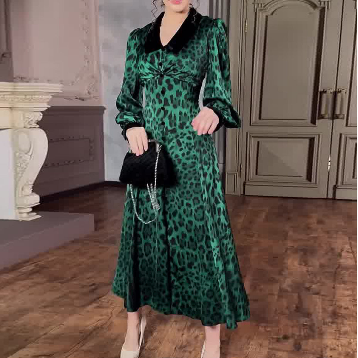 Leopardenmuster Taillenbesatz Druckkleid
