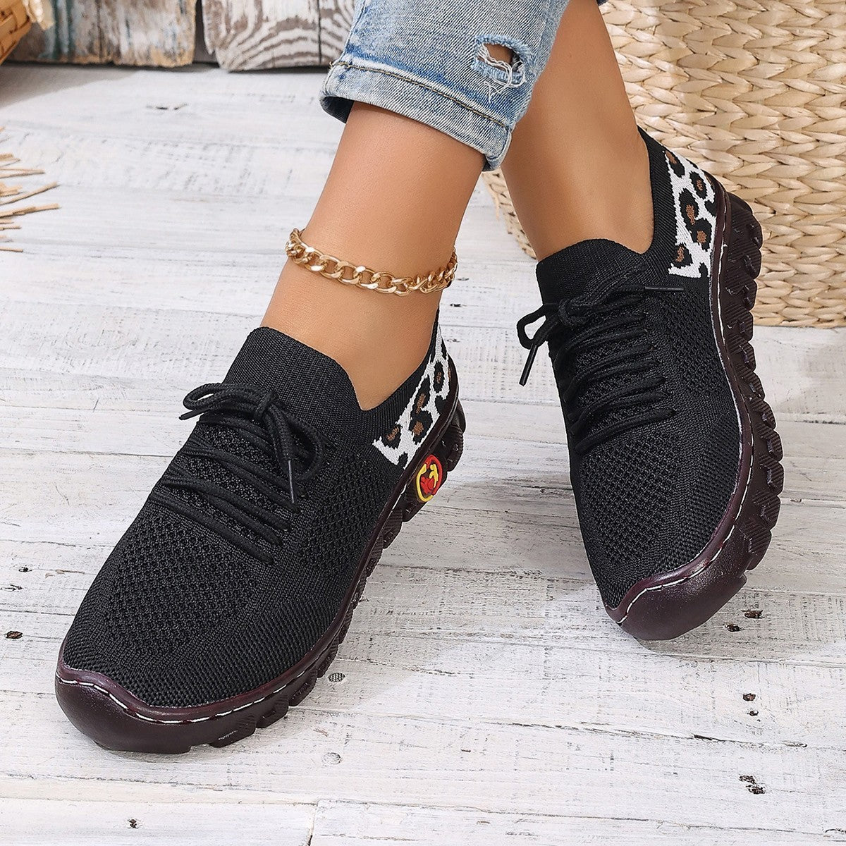 Leopard Print Runde Kopf Lace-up flachen Boden Komfort atmungsaktiv Mesh-Oberfläche Schuhe