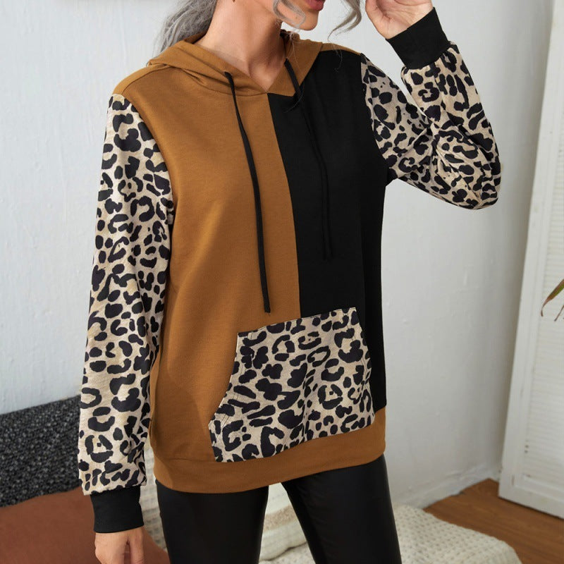 Casual Leopard Print Color Block Long Sleeve Round Neck Hoodie