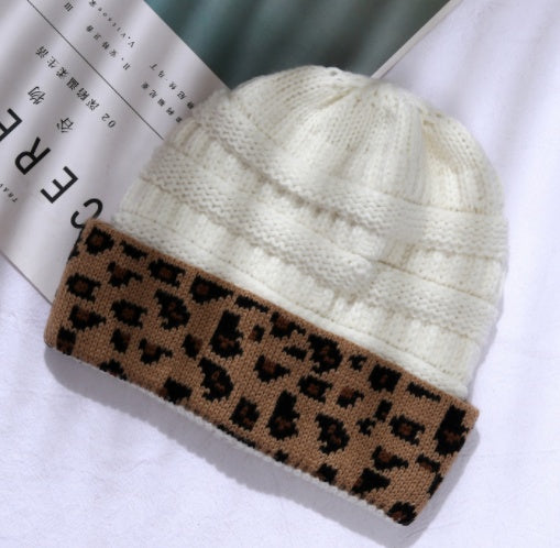 Damen Herbst Winter Leopard Print Cuffed Acryl gestrickt Hut