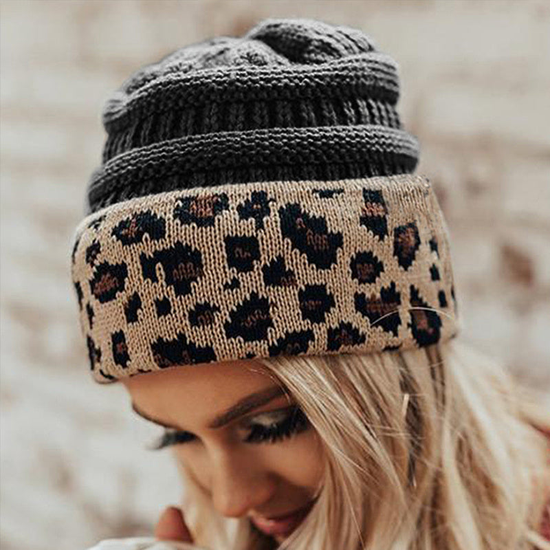 Damen Herbst Winter Leopard Print Cuffed Acryl gestrickt Hut