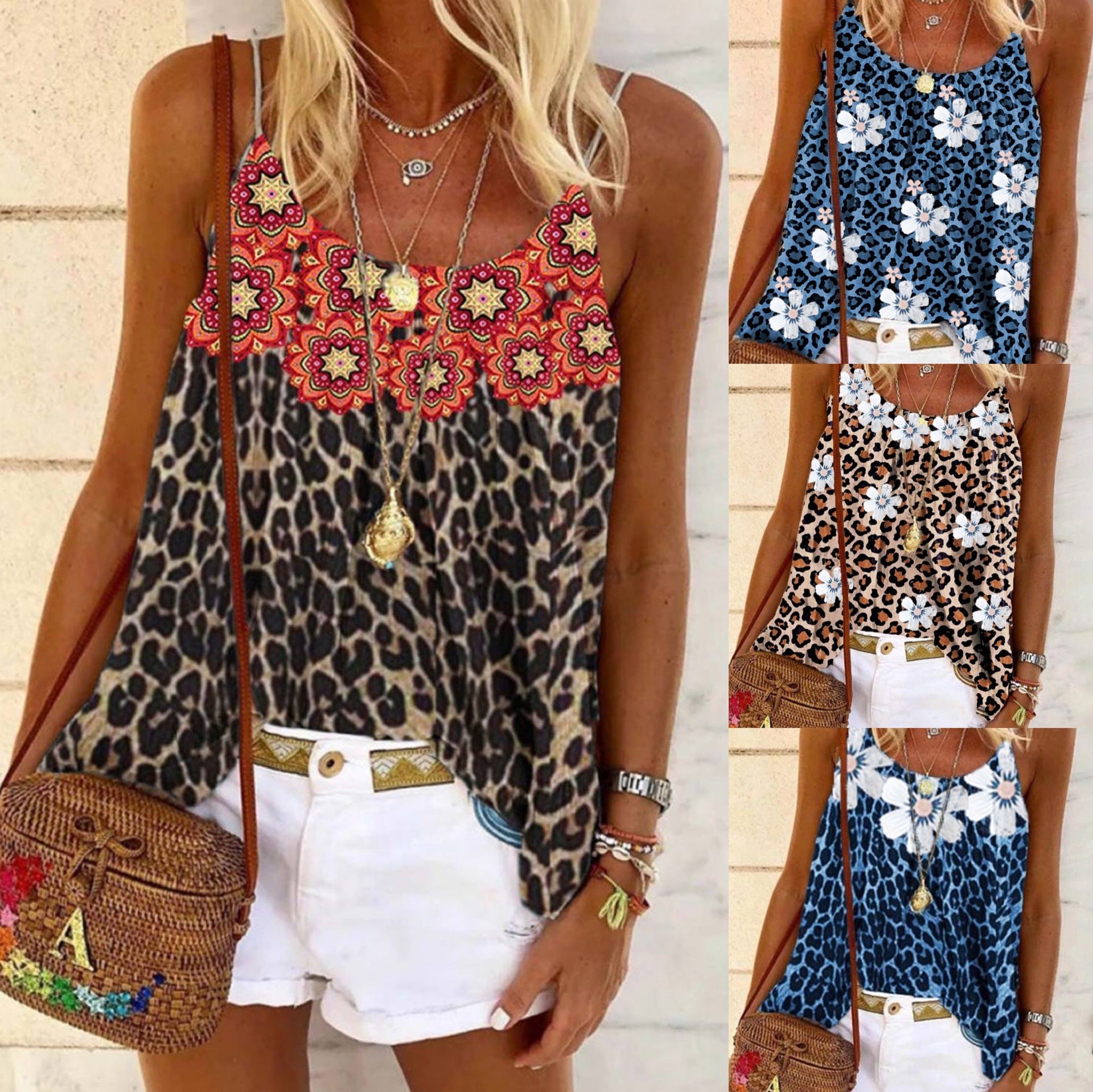 Ladies Popular Flower Leopard Print Sling Shirt