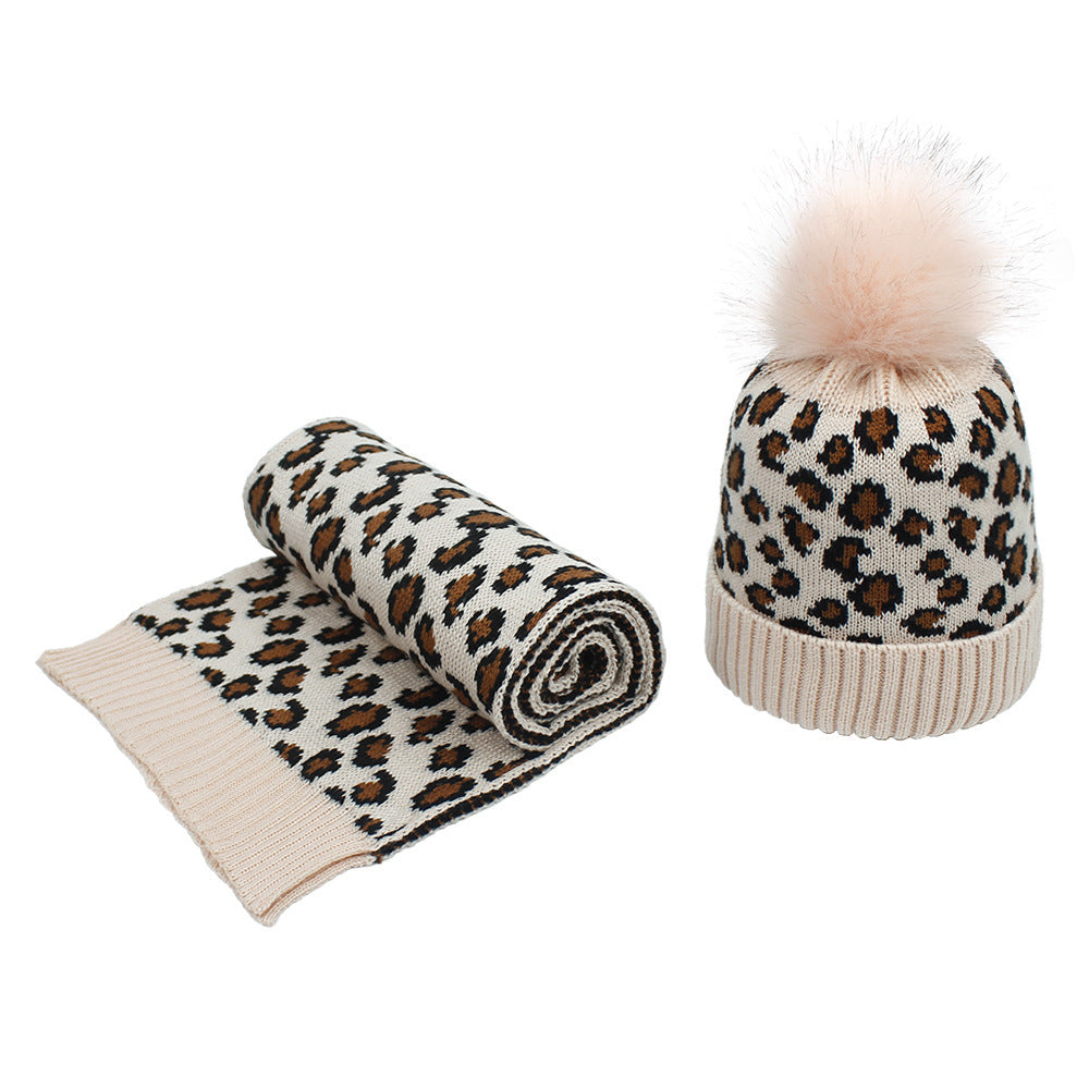 Frauen Herbst und Winter Leopard Print Haar Ball Hut Schal Set