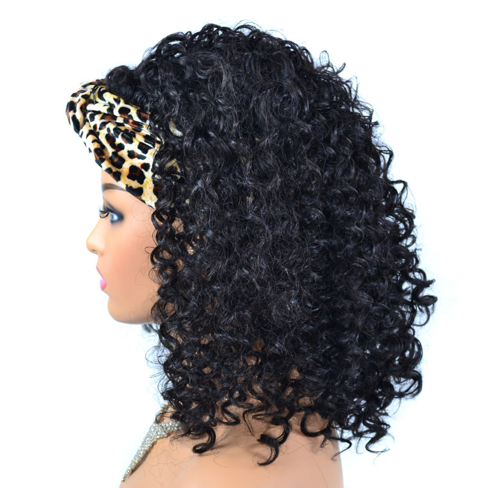 Leopard Print Stirnband Bandana Perücke Kopfbedeckung Mittellang Tief lockig Perücke Kopfbedeckung