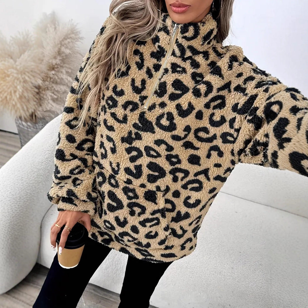 Women's Elegant Fashion Temperament Pocket Leopard Print Sweater