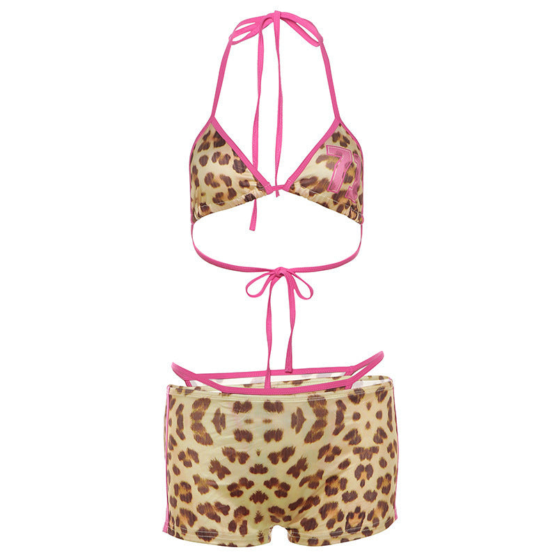 Frauen Kontrast Farbe Strumpfhalter Leopard Print Bikini hohe Taille Hüfte Shorts Anzug