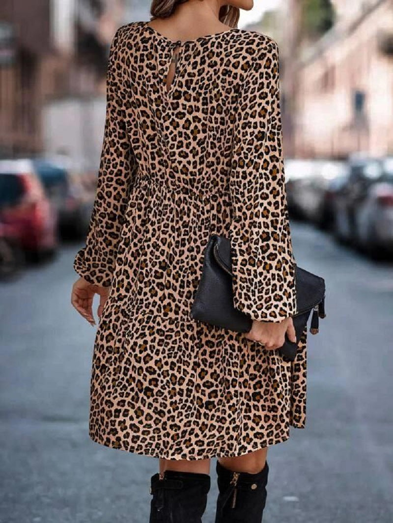 Bedrucktes Rundhalsausschnitt Langärmeliges Leopardenmuster Kleid