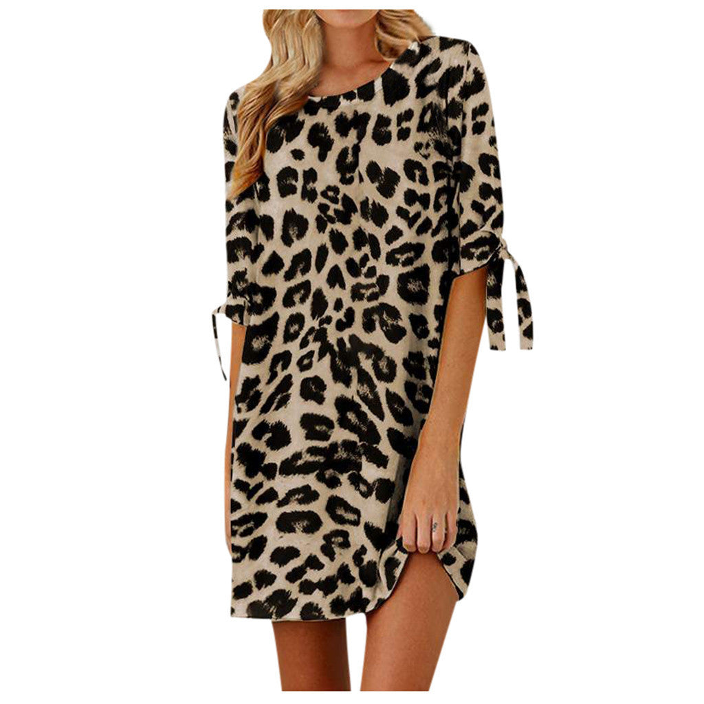 Damenbekleidung Leopard Print Rundhalsausschnitt Kleid