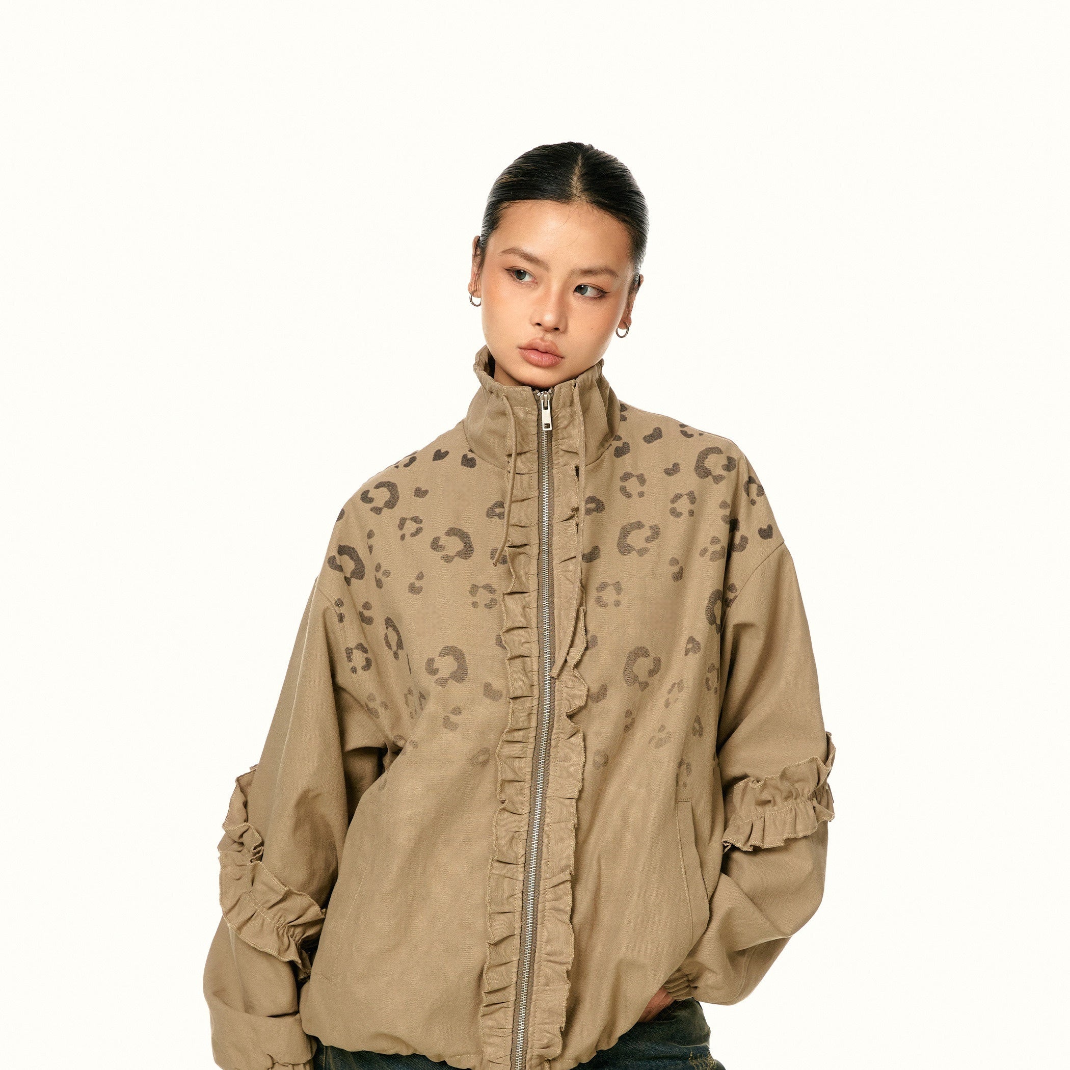 American Retro Stringy Selvedge Stand Collar Leopard Print Coat
