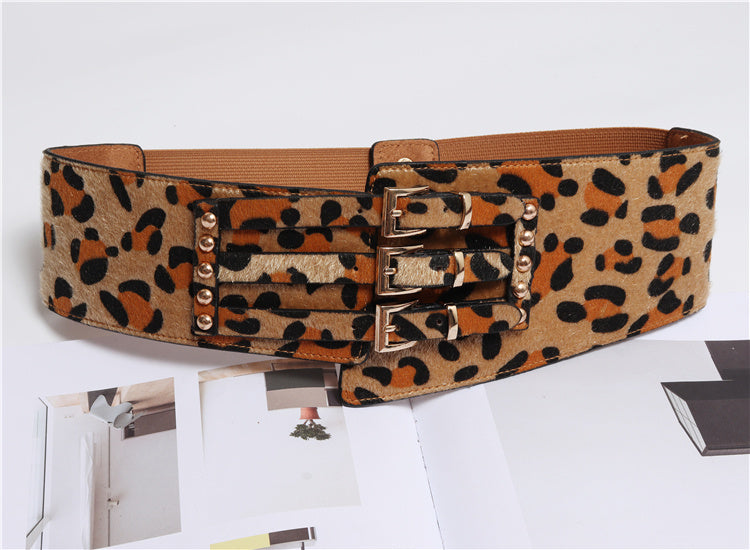 Fashion All-match Dreireiher Unregelmäßiger Leopard Print Belt Pferdehaar Gürtel mit Kleid Mieder