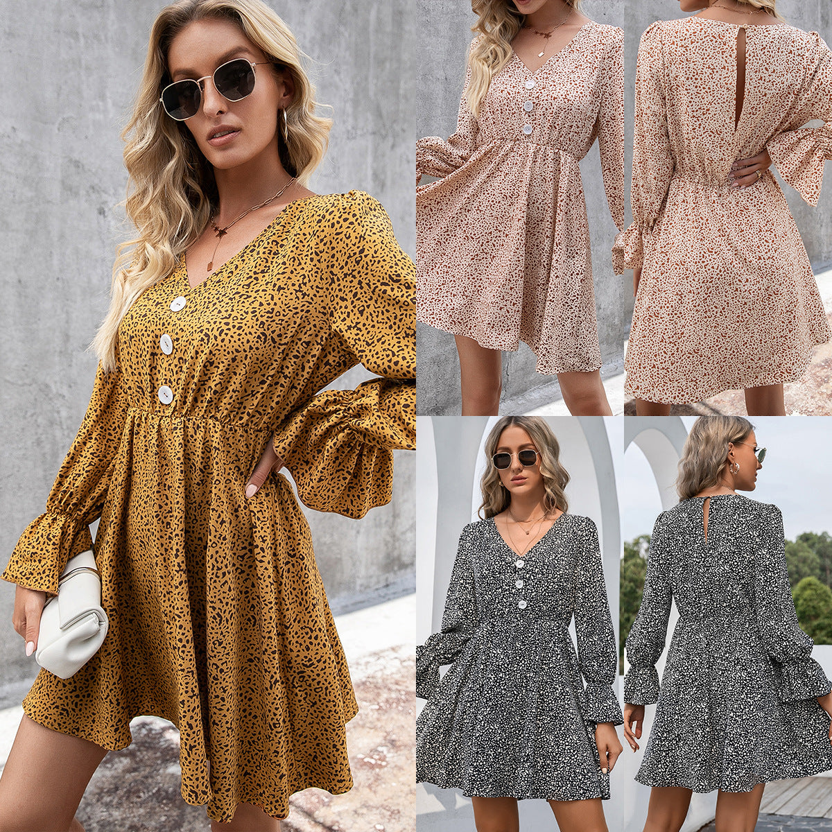 Leopardenmuster Kleid mit langen Ärmeln und V-Ausschnitt