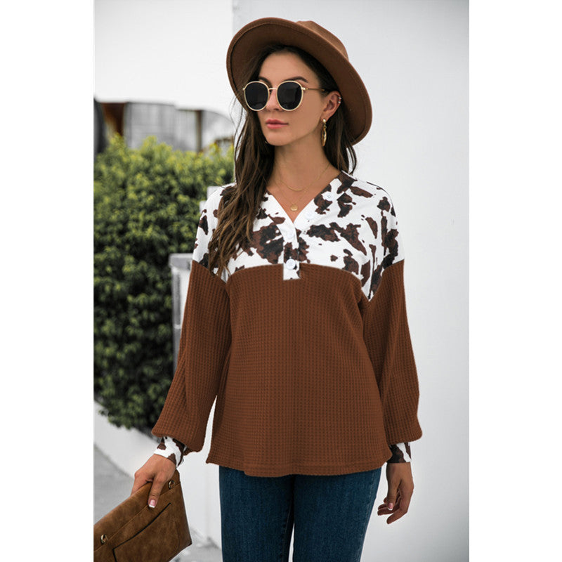Leopard Print Stitching Loose Casual Long-sleeved Sweater