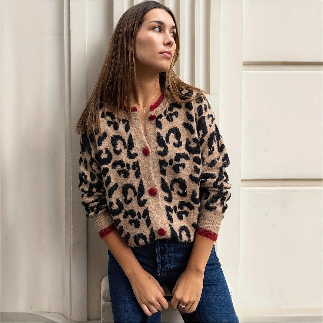 Retro Contrast Color Leopard Print Cardigan Round Neck Sweater