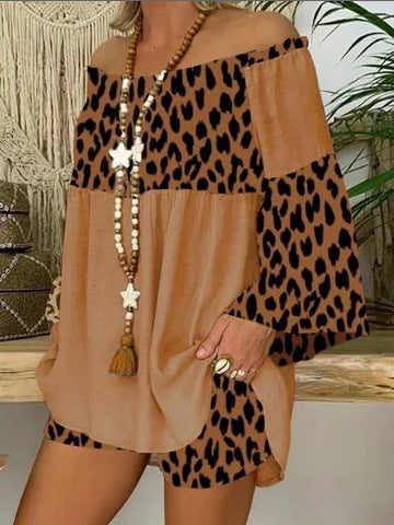 Damenmode Leopard Print Patchwork Lose Baumwolle Leinen Anzug