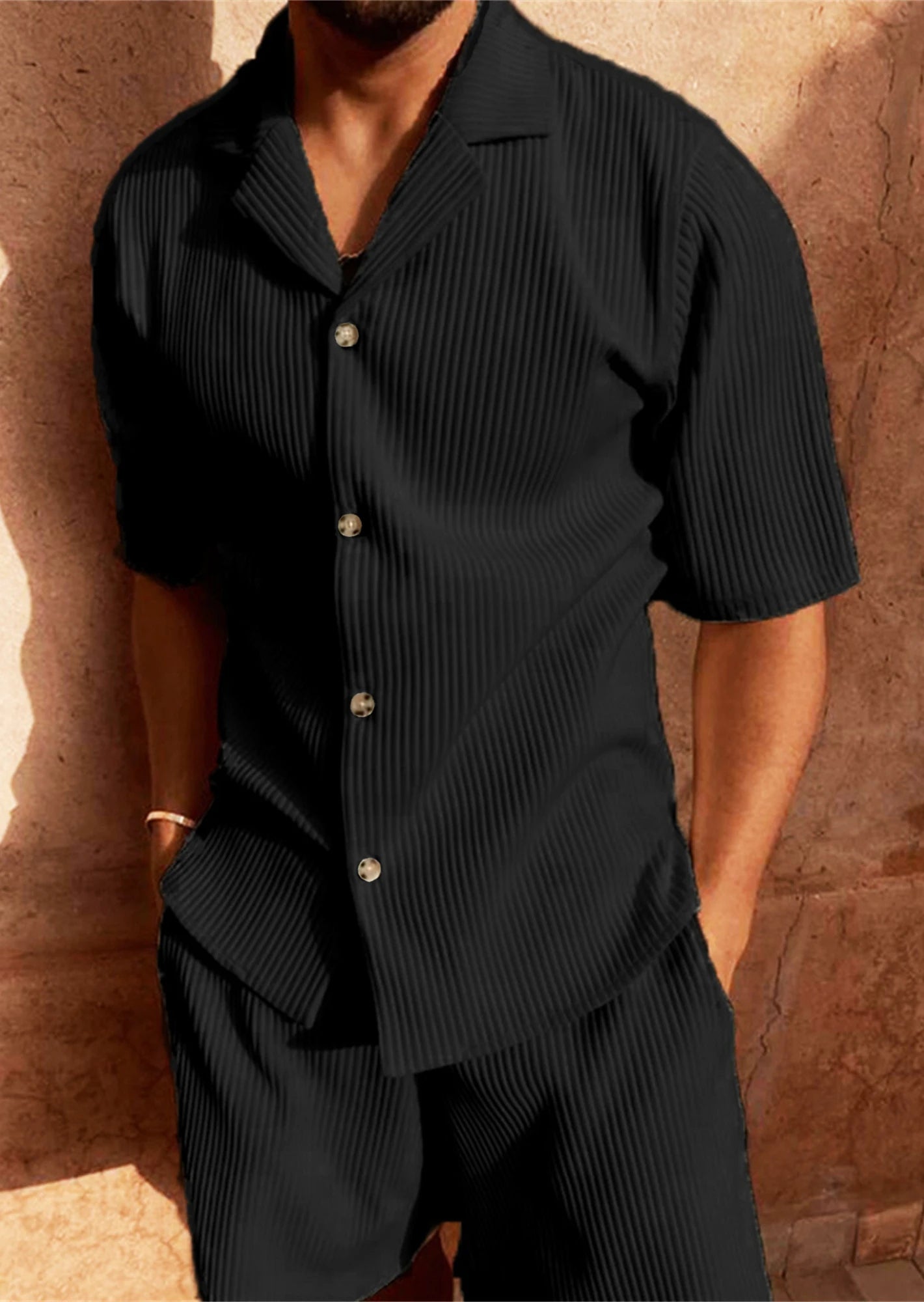 Unifarbener Cord-Strand-Freizeitanzug mit Shorts