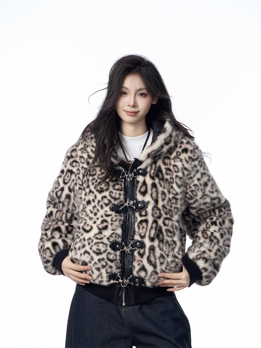 Hooded Jacket Women's Loose Thick Leopard Print Full Print Design Street Coat