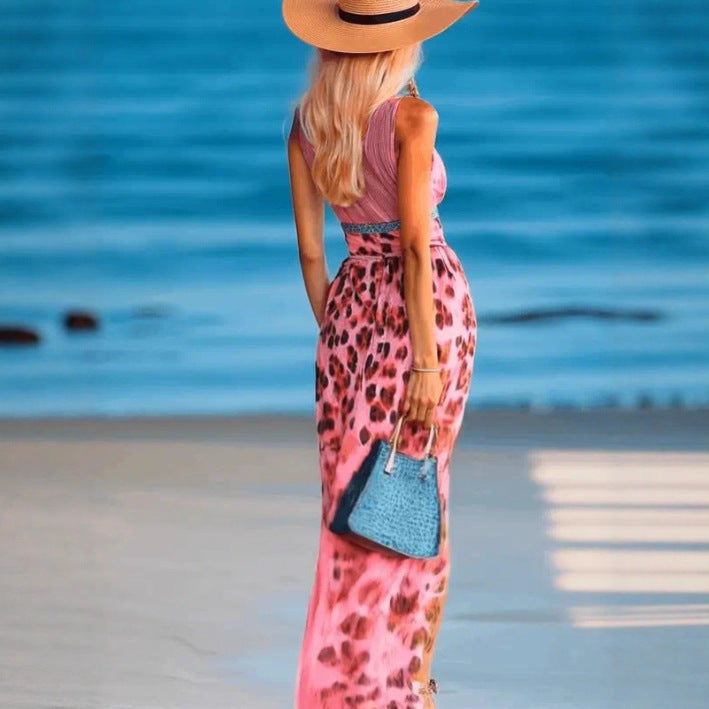 Leopard Print V-neck Waist-controlled Slimming Temperament Camisole Dress for Her